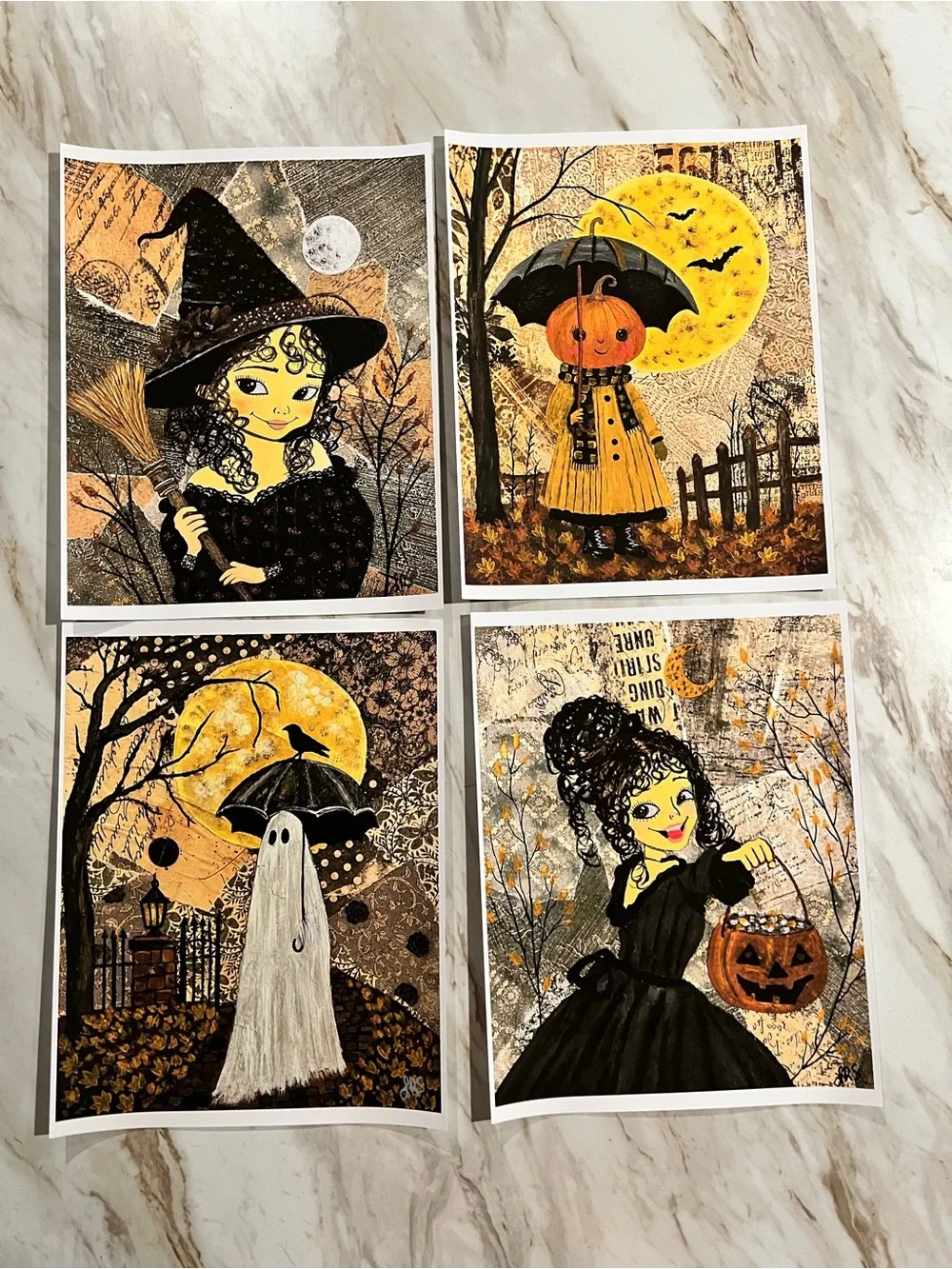 Halloween Witch & Pumpkin Wall Art Prints - Orange Black Home Decor